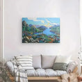 Bild in Galerie-Betrachter laden, Modern living room with neutral sofa, striped pillows, and colorful landscape painting on wall