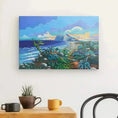 Charger l'image dans la visionneuse de la galerie, Colorful landscape painting of a coastal scene hanging above a table with cups and a potted cactus