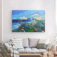 Charger l'image dans la visionneuse de la galerie, Colorful coastal landscape wall art above a modern gray sofa in a bright living room