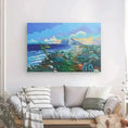 Carregar imagem no visualizador da Galeria, Colorful coastal landscape wall art above a modern gray sofa in a bright living room