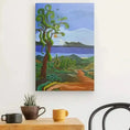 Load image into Gallery viewer, Colorful landscape painting with stylized tree above a table with mugs and a small plant