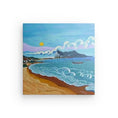 Charger l'image dans la visionneuse de la galerie, Colorful painting of a coastal beach scene with rolling waves, boats, mountain, and a setting sun