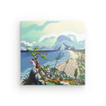 Load image into Gallery viewer, Colorful coastal landscape painting with tree, rocky shoreline, sandy beach, and distant cliffs
