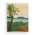 Charger l'image dans la visionneuse de la galerie, Colorful landscape painting with a whimsical tree, rolling hills, and teal lake under pastel sky