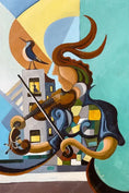 Charger l'image dans la visionneuse de la galerie, Cubist painting of a violinist with flowing hair and a bird perched on a building in abstract colorful style