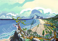 Load image into Gallery viewer, Colorful painting of a woman by a twisted tree overlooking a rocky beach and blue sea with mountains