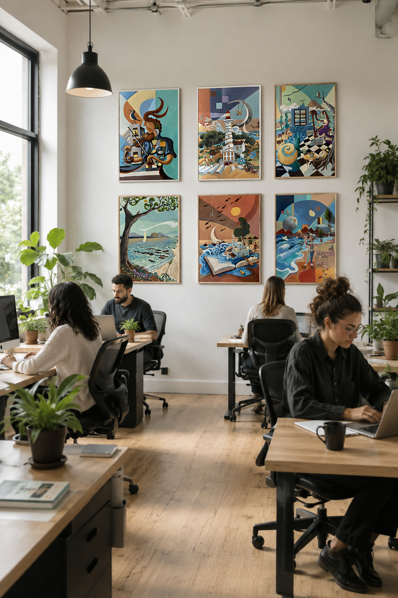 Modern office space with colorful artwork on the wall and people working at desks.