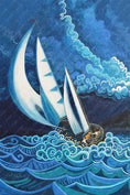 Charger l'image dans la visionneuse de la galerie, Abstract painting of a sailboat with billowing white sails navigating turbulent blue waves under a stormy, swirling sky