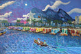 Load image into Gallery viewer, Colorful houseboats on a vibrant bay with mountains, city lights, and rowboat at sunset