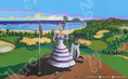 Bild in Galerie-Betrachter laden, Colorful painting of a woman golfer in a dress on a golf course overlooking the ocean.
