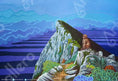 Load image into Gallery viewer, Surreal blue landscape painting with a monkey sitting on a vibrant rocky cliff top