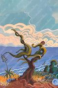 Charger l'image dans la visionneuse de la galerie, Surreal landscape painting with twisted tree, ocean waves, swirling clouds, and colorful plants