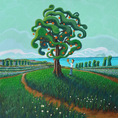 Charger l'image dans la visionneuse de la galerie, Surreal landscape painting with a wavy orange tree and a person picking fruit in green fields near the sea
