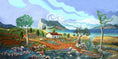 Charger l'image dans la visionneuse de la galerie, Colorful landscape painting of countryside with house, spiraled trees, pond, mountains, and sea under swirling blue sky