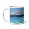 Carregar imagem no visualizador da Galeria, White ceramic mug with colorful seascape and mountain art, handle on the left.