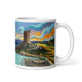 Carregar imagem no visualizador da Galeria, White mug with colorful landscape illustration, featuring a coastal tower, vibrant sky, and boat