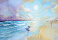 Bild in Galerie-Betrachter laden, Painting of a beach scene with a surfer holding a surfboard near the ocean under a bright sun and cloudy sky