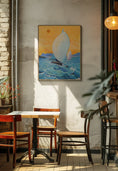 Bild in Galerie-Betrachter laden, Vertical art print of sailboats on ocean displayed in sunlit rustic restaurant interior