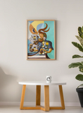Charger l'image dans la visionneuse de la galerie, Abstract violin player artwork in wooden frame above modern white coffee table with wooden legs and mug