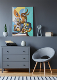 Charger l'image dans la visionneuse de la galerie, Modern gray bedroom with abstract violinist painting, gray dresser, typewriter, and gray chair