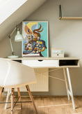Charger l'image dans la visionneuse de la galerie, Modern desk setup in bedroom with abstract violinist art print, white chair, and pastel mint desk lamp