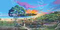Charger l'image dans la visionneuse de la galerie, Colorful painting of ancient Roman ruins with columns and statue near beach at sunset, surrounded by trees and hills
