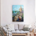 Bild in Galerie-Betrachter laden, Colorful wall painting above sofa depicting a street scene with a guitarist, trees, people, and a historic tower