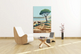 Charger l'image dans la visionneuse de la galerie, Modern lounge room with wooden chairs, glass coffee table, potted plant, and landscape art print on white wall