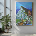 Cargar la imagen en la vista de la galería, Vertical art print with colorful mountain landscape and monkeys in modern bright room