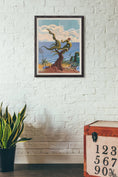 Charger l'image dans la visionneuse de la galerie, Framed abstract art print on white brick wall in minimalist room with plant and vintage trunk