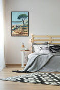 Charger l'image dans la visionneuse de la galerie, Modern bedroom with wooden bed, gray bedding, black and white pillows, patterned rug, and coastal landscape art