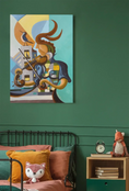 Charger l'image dans la visionneuse de la galerie, Kids bedroom with green wall, colorful abstract violinist painting, plush fox toys, and bed with pillows
