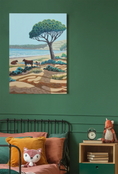 Charger l'image dans la visionneuse de la galerie, Kids bedroom with forest green walls, fox plush on rust orange bed with pillows, seaside art print above bed