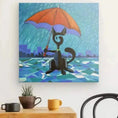 Charger l'image dans la visionneuse de la galerie, Canvas wall art of a black cat holding an umbrella in the rain, modern geometric style.