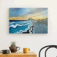 Charger l'image dans la visionneuse de la galerie, Colorful sunset beach canvas art with stylized waves and dramatic sky above a table setting