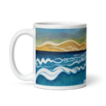 Загрузить изображение в просмотрщик галереи, White mug with colorful sunset seascape, stylized waves and golden hills design.