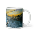Charger l'image dans la visionneuse de la galerie, Ceramic mug with coastal sunset landscape, sea, tower, and vibrant sky illustration