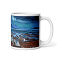 Load image into Gallery viewer, white ceramic mug featuring painted night cityscape with rooftops and mountains