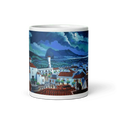 Load image into Gallery viewer, Panoramic mug with painted San Roque village, red rooftops, cats, and mountain scenery