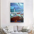 Charger l'image dans la visionneuse de la galerie, Colorful canvas painting of cats on red rooftops in a Spanish village hung above a modern sofa