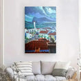 Carregar imagem no visualizador da Galeria, Colorful canvas painting of cats on red rooftops in a Spanish village hung above a modern sofa