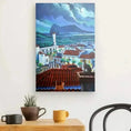Charger l'image dans la visionneuse de la galerie, Colorful canvas of San Roque rooftops with two cats, mountain and cloudy sky in background