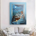 Bild in Galerie-Betrachter laden, Canvas art of woman and cat by window, night sky, Casares townscape, above sofa
