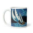 Загрузить изображение в просмотрщик галереи, White ceramic mug with colorful sailboat illustration on blue ocean waves and stormy sky
