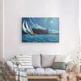 Cargar la imagen en la vista de la galería, Canvas wall art of sailboat in stormy sea with clouds and moon, above a modern sofa.
