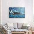 Загрузить изображение в просмотрщик галереи, Canvas wall art of sailboat in stormy sea with clouds and moon, above a modern sofa.