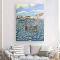 Cargar la imagen en la vista de la galería, Vertical canvas painting of kids at the beach with boats and houses, displayed above sofa