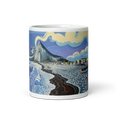Load image into Gallery viewer, Ceramic mug with coastal beach art, textured waves, colorful sky, mountain, boats, and houses.