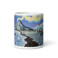 Bild in Galerie-Betrachter laden, Ceramic mug with coastal beach art, textured waves, colorful sky, mountain, boats, and houses.