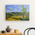 Charger l'image dans la visionneuse de la galerie, Colorful landscape painting of a picnic scene on canvas above a modern table with mugs and a plant.